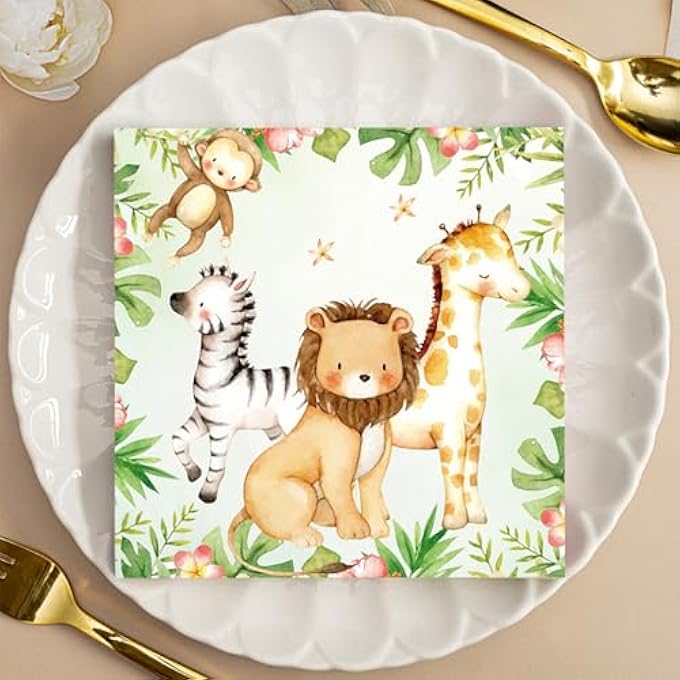PACK OF 20 NAPKINS CHILDREN'S BIRTHDAY, JUNGLE DECORATION NAPKINS, WILD ONE BIRTHDAY DECORATION PAPER NAPKINS, NAPKINS FOREST ANIMALS, DISPOSABLE NAPKINS FOR FOREST ANIMALS BIRTHDAY PARTY, 33 X - Image 4